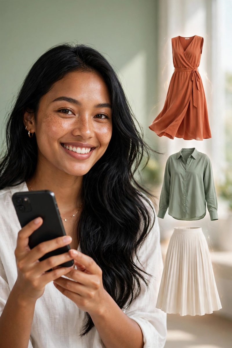 Wanita Indonesia mencoba outfit dari marketplace lewat AI di ponselnya